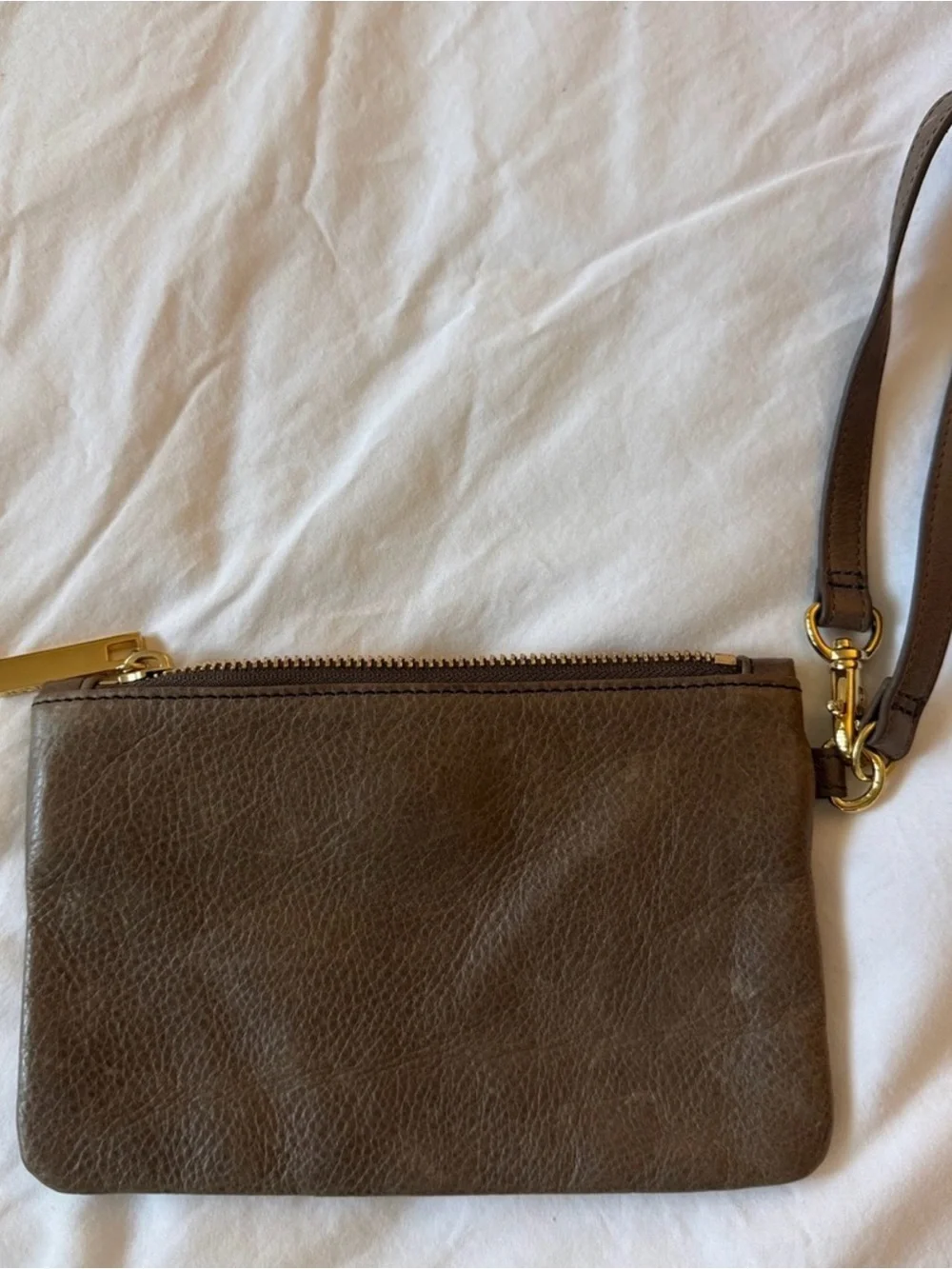 Tory Burch Brown Leather Wristlet With Gold Turn Lock & Studs